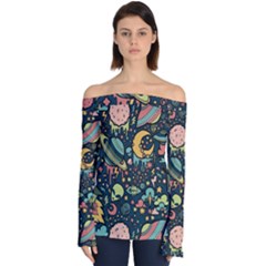 Alien Ocket Space Aesthetic Pattern Off Shoulder Long Sleeve Top by pakminggu