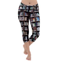 Book Collection In Brown Wooden Bookcases Books Bookshelf Library Lightweight Velour Capri Yoga Leggings by Ravend