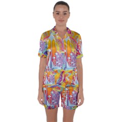 Multicolored Optical Illusion Painting Psychedelic Digital Art Satin Short Sleeve Pajamas Set by Bedest
