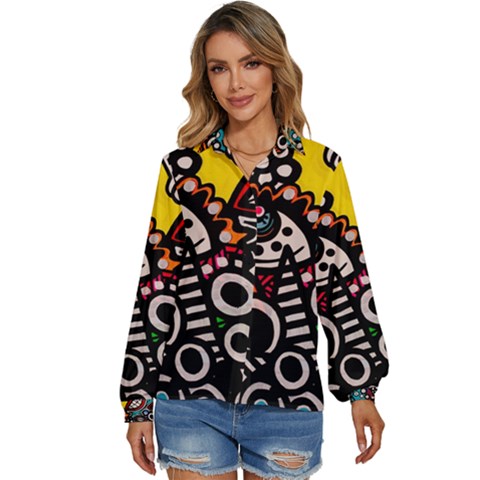 Multicolored Abstract Painting Colorful Women s Long Sleeve Button Up Shirt by Grandong