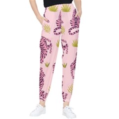 Pink Tigers And Tropical Leaves Patern Women s Tapered Pants