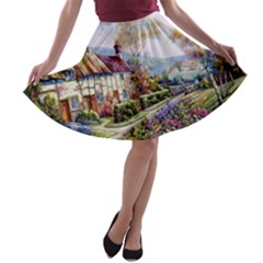 Colorful Cottage River Colorful House Landscape Garden Beautiful Painting A-line Skater Skirt by Grandong