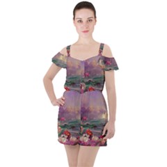 Abstract Flowers  Ruffle Cut Out Chiffon Playsuit by Internationalstore