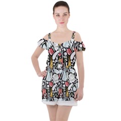 Veggies T- Shirt Go Veggie    Pattern    Black Background Sage Green Mint Goldenrod Yellow Coral And Ruffle Cut Out Chiffon Playsuit by ZUXUMI