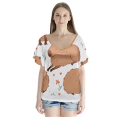 Capybara Art T- Shirt Cute Capybaras Illustration T- Shirt Yoga Reflexion Pose T- Shirtyoga Reflexion Pose T- Shirt V-neck Flutter Sleeve Top by hizuto