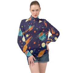 Space Galaxy Planet Universe Stars Night Fantasy High Neck Long Sleeve Chiffon Top by Grandong