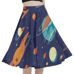 Space Galaxy Planet Universe Stars Night Fantasy A-line Full Circle Midi Skirt With Pocket