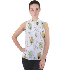 Bee Art Pattern Design Wallpaper Background Print Mock Neck Chiffon Sleeveless Top by Vaneshop