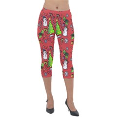 Santa Snowman Gift Holiday Lightweight Velour Capri Leggings  by Pakjumat
