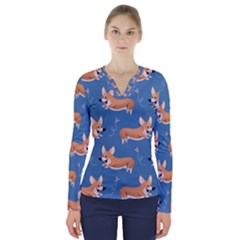 Corgi Patterns V-neck Long Sleeve Top by Amaryn4rt