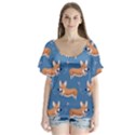 Corgi Patterns V-Neck Flutter Sleeve Top View1