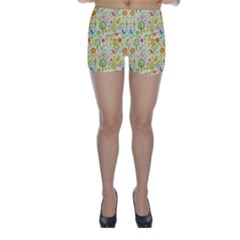 Nature Doodle Art Trees Birds Owl Children Pattern Multi Colored Skinny Shorts by Pakjumat