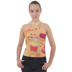 Fast Junk Food  Pizza Burger Cool Soda Pattern Cross Neck Velour Top by Sarkoni