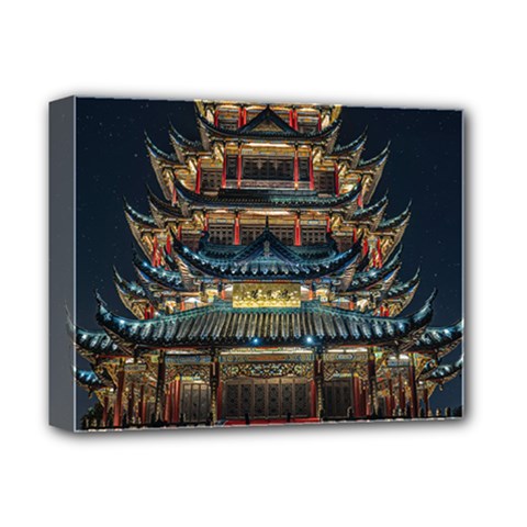 Blue Yellow And Green Lighted Pagoda Tower Deluxe Canvas 14  X 11  (stretched) by Modalart