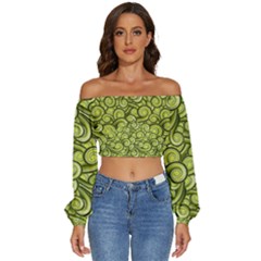 Flower Design Paradigm Start Long Sleeve Crinkled Weave Crop Top