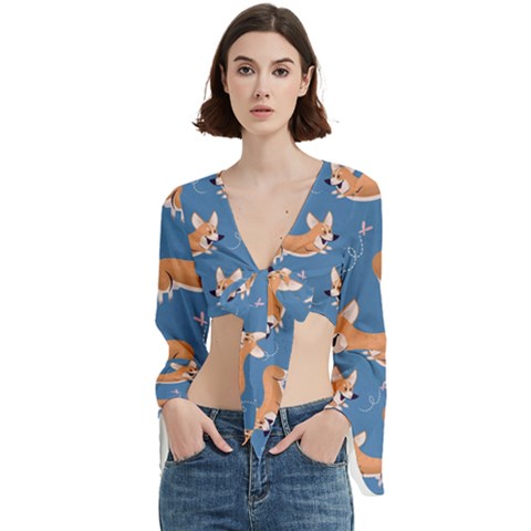 Corgi Patterns Trumpet Sleeve Cropped Top by Ndabl3x