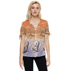 Adventure Time Cartoon Landscape Trees Bow Sleeve Button Up Top by Sarkoni