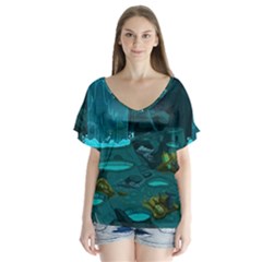 Waterfalls Wallpaper Adventure Time V-neck Flutter Sleeve Top by Sarkoni