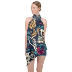 Vintage Art Tattoos Colorful Seamless Pattern Halter Asymmetric Satin Top