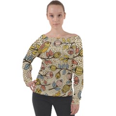 Seamless Pattern With Flower Bird Off Shoulder Long Sleeve Velour Top