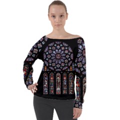 Chartres Cathedral Notre Dame De Paris Stained Glass Off Shoulder Long Sleeve Velour Top