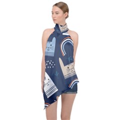 Colorful Cute Cats Seamless Pattern Halter Asymmetric Satin Top