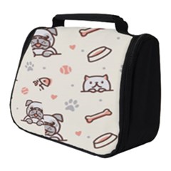 Pug Dog Cat With Bone Fish Bones Paw Prints Ball Seamless Pattern Vector Background Full Print Travel Pouch (small) by Bedest