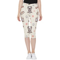 Pug Dog Cat With Bone Fish Bones Paw Prints Ball Seamless Pattern Vector Background Inside Out Lightweight Velour Capri Leggings  by Bedest