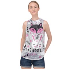 Big Set With Cute Cartoon Animals Bear Panda Bunny Penguin Cat Fox High Neck Satin Top by Bedest