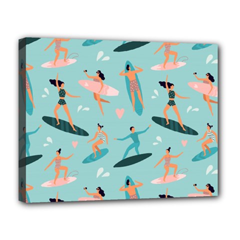 Beach Surfing Surfers With Surfboards Surfer Rides Wave Summer Outdoors Surfboards Seamless Pattern Canvas 14  X 11  (stretched)