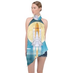 Space Exploration Illustration Halter Asymmetric Satin Top by Bedest