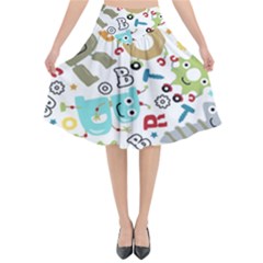 Seamless Pattern Vector With Funny Robots Cartoon Flared Midi Skirt