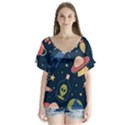 Seamless Pattern With Funny Aliens Cat Galaxy V-Neck Flutter Sleeve Top View1