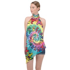Grateful Dead Bears Tie Dye Vibrant Spiral Halter Asymmetric Satin Top