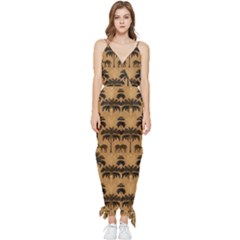 Camel Palm Tree Patern Sleeveless Tie Ankle Chiffon Jumpsuit by Jatiart