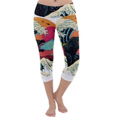 Retro Wave Kaiju Godzilla Japanese Pop Art Style Capri Yoga Leggings by Cendanart