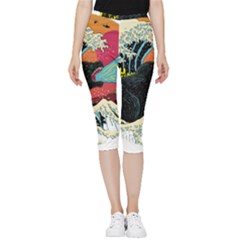 Retro Wave Kaiju Godzilla Japanese Pop Art Style Inside Out Lightweight Velour Capri Leggings  by Cendanart