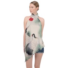 Japanese Crane Painting Of Bird Halter Asymmetric Satin Top by Cendanart