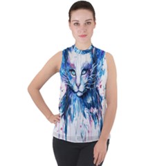 Cat Mock Neck Chiffon Sleeveless Top