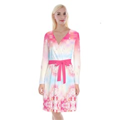 Crane Coral Japanese Style Cherry Blossom Long Sleeve Velvet Front Wrap Dress by CoolDesigns