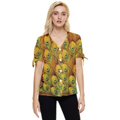 Peacock Feathers Green Yellow Bow Sleeve Button Up Top by Bedest