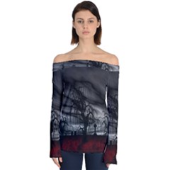 Grave Yard Dark Fantasy Trees Off Shoulder Long Sleeve Top by Cemarart