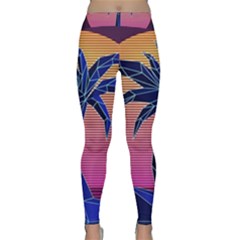 Abstract 3d Art Holiday Island Palm Tree Pink Purple Summer Sunset Water Classic Yoga Leggings by Cemarart