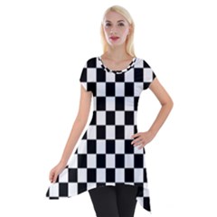 Black White Checker Pattern Checkerboard Short Sleeve Side Drop Tunic by Grandong