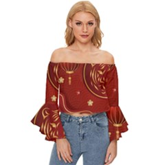 Holiday, Chinese New Year, Off Shoulder Flutter Bell Sleeve Top