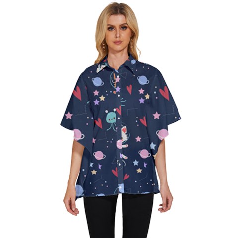 Cute Astronaut Cat With Star Galaxy Elements Seamless Pattern Women s Batwing Button Up Shirt by Grandong
