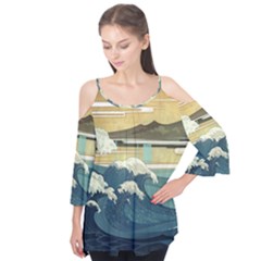Sea Asia Waves Japanese Art The Great Wave Off Kanagawa Flutter Sleeve T-shirt 