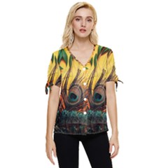 City Light Sky Landmark Painting Bow Sleeve Button Up Top by Cemarart
