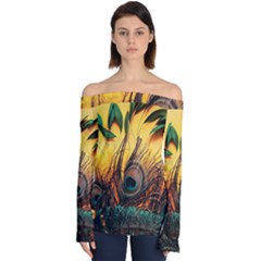 Sunset Illustration Water Night Sun Landscape Grass Clouds Painting Digital Art Drawing Off Shoulder Long Sleeve Top by Cemarart