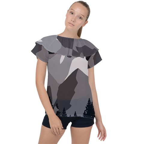 Mountain Wolf Tree Nature Moon Ruffle Collar Chiffon Blouse by Cemarart